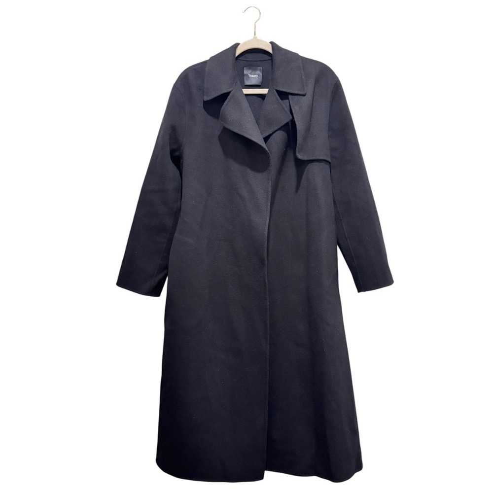 NWT Theory Long Wrap Belted Trench Coat Wool Cashmere Black Sz M - Picture 5 of 16